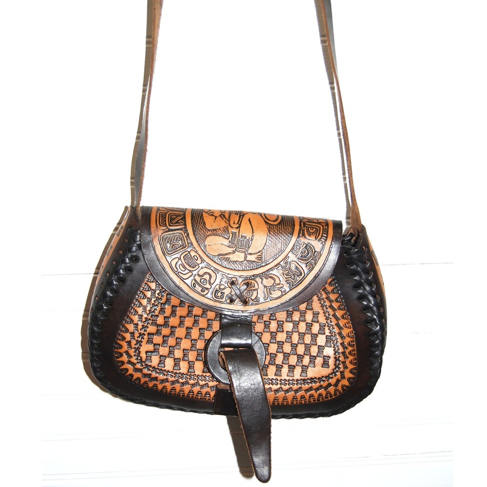 Vintage Leather crossbody Bag Mayan Calendar tooled Embossed Saddle Braid Purse